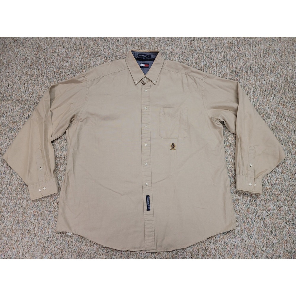 Tommy Hilfiger Shirt Mens‎ 17.5 - 36 Khaki Button Down Long Sleeve Oxford Crest